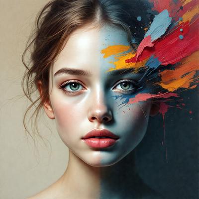 The primary subject of the image is a woman with blue eyes. She is the main focus of the image. The setting is a room with a wall, and the visual style is a painting or drawing. The colors and mood of the image are predominantly blue, creating a calm and serene atmosphere.